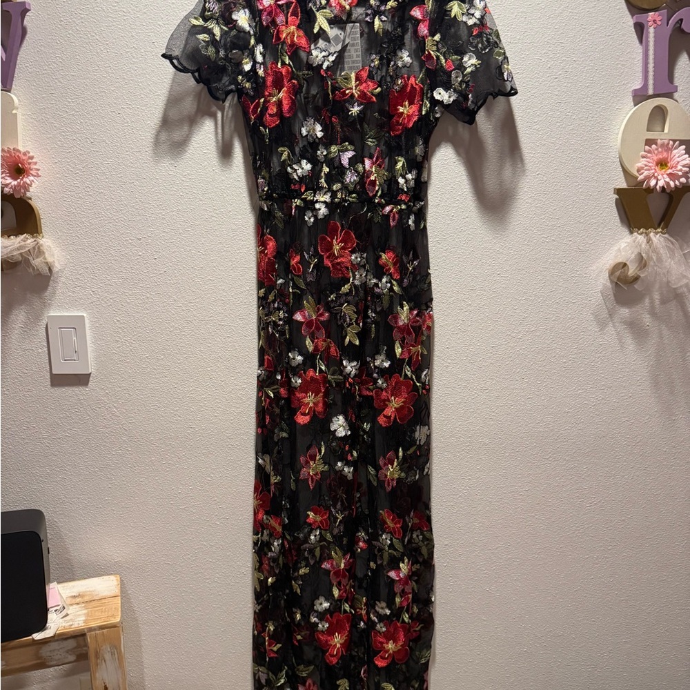 Brand New LuLaRoe Size L Black and Red Floral Overlay Deanne 2 Maxi Dress